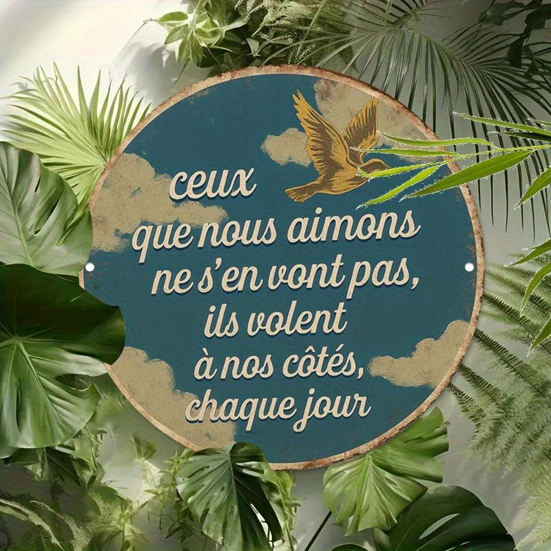 D Flat pc Vintage French Memorial Plaque Circular Aluminum Sign with Lost Loved Ones Quote Teal Background Flying Bird
