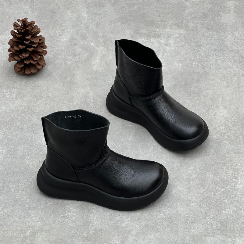 Women's Shoes: Thick-soled Anti-slip Women's Boots, Soft Leather Round-toe Casual Boots