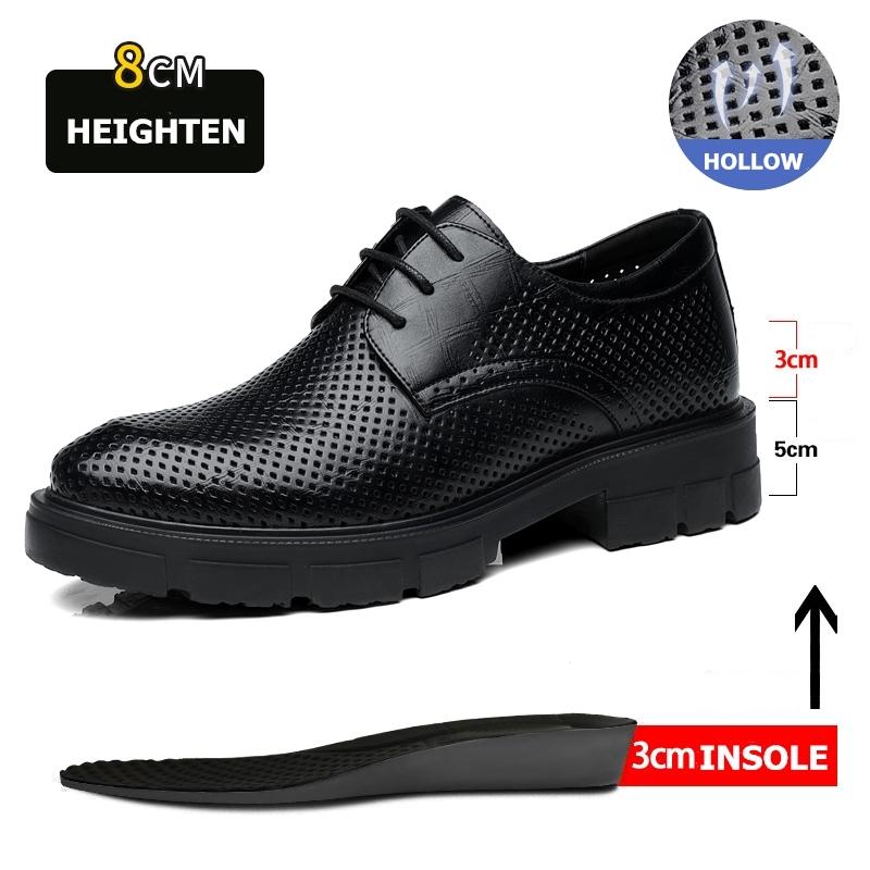 New Men Hollow Summer Platform High Heel 5/8/10 CM Height Growth Formal Men Derby Leather Shoes Man Wedding Dress Shoes Elevator