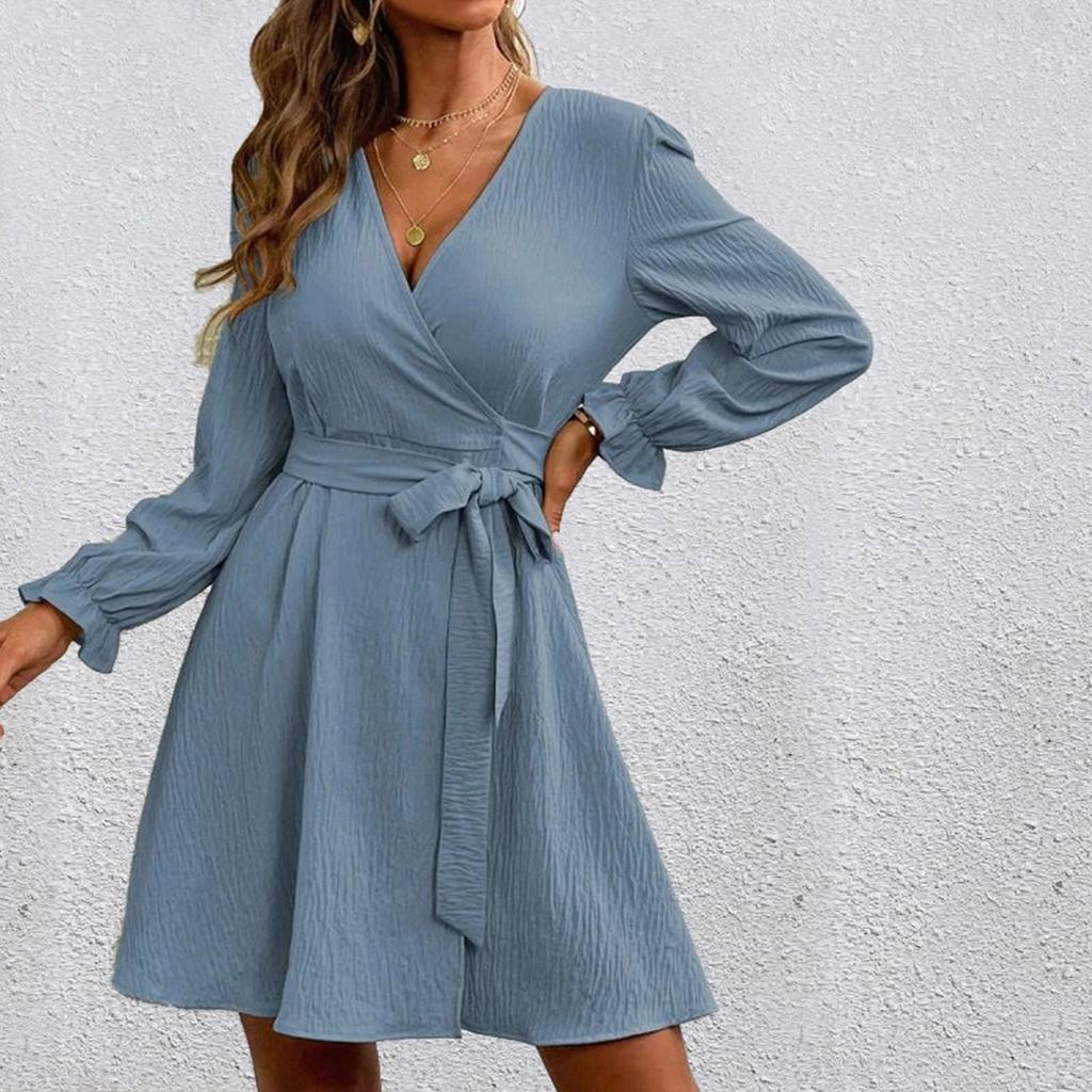 Women's Fashion Casual Solid Color V-Neck Drawstring  Sleeves Patchwork Dress