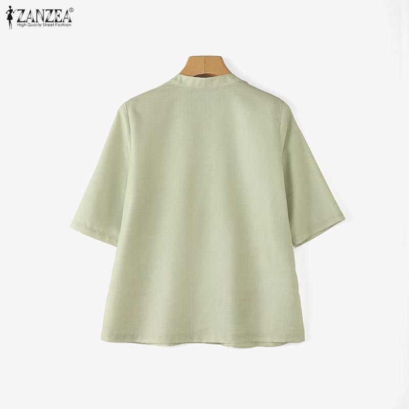 ZANZEA Damen Lässig Stehkragen Locker Halber Ärmel Print Bluse