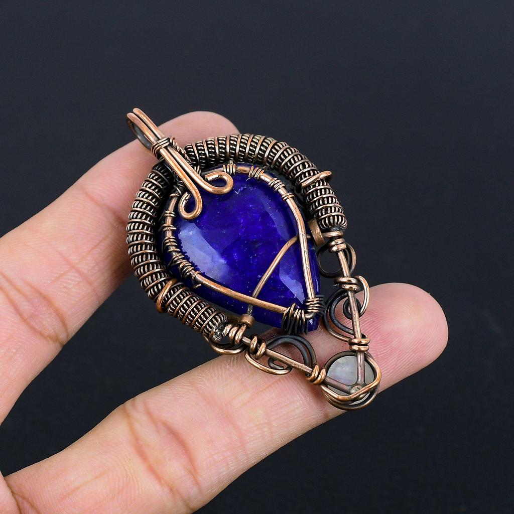Blue Sapphire Pendant, Handmade Gemstone Pendant, 999 Copper Wire Wrapped Pendant Antique Jewelry, For Engagement Gift