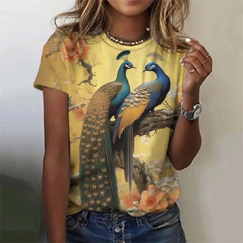 Fashion Retro Peacock Feather 3D Print Woman Harajuku Personality Short Sleevet Colorful O-neck Tops