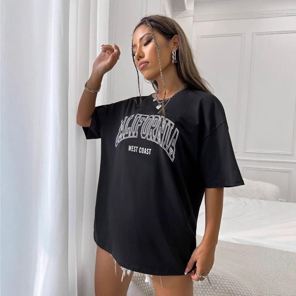 Women's Pure Cotton Loose Half-Sleeve Round Neck T-shirt with English Print - Spring/Summer European and American Style