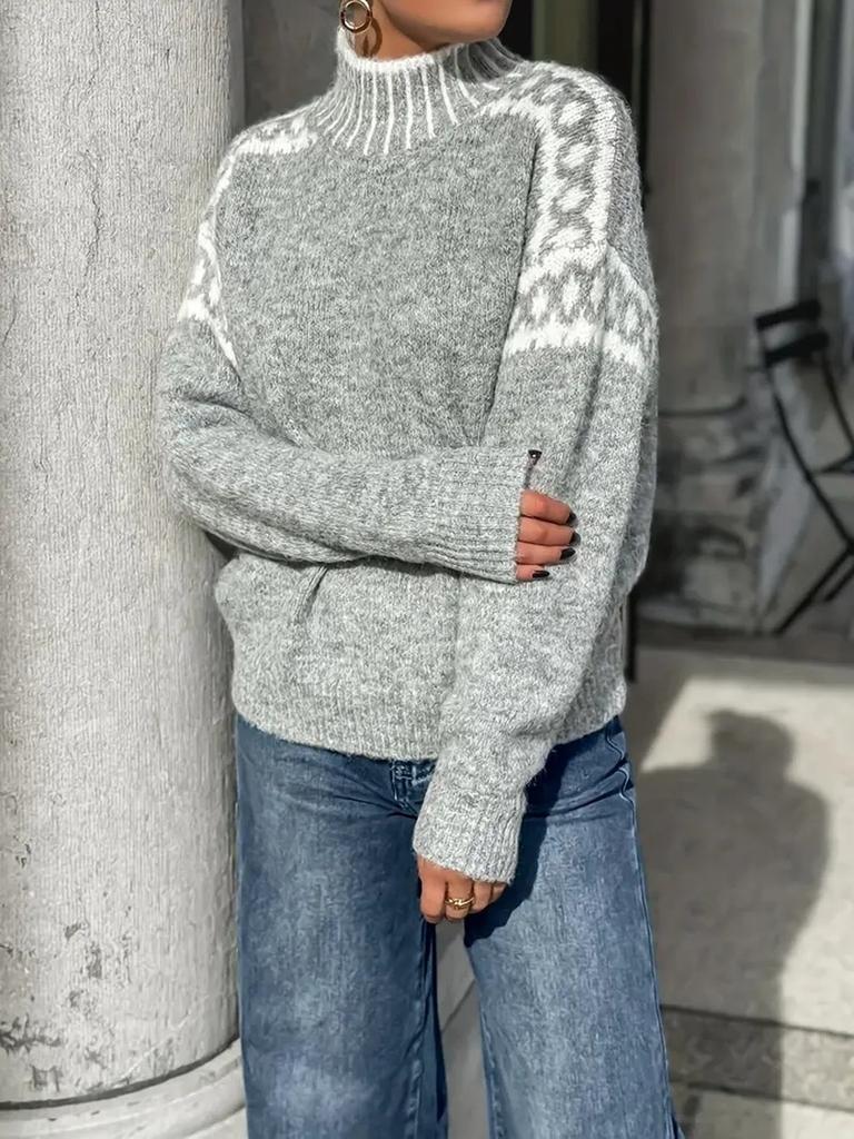 New Women's High Neck Knit Sweater Fashion Casual Style Floral Loose Pullover