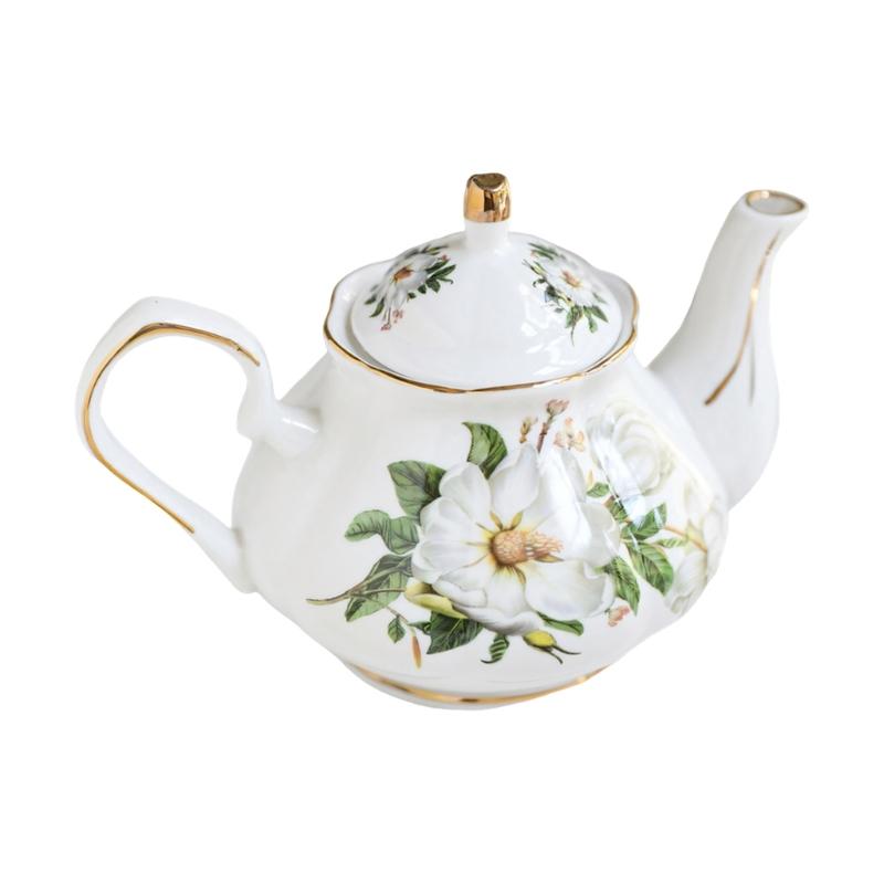 Ergonomic Handle Ceramic Teapot With Floral Pattern And Gold Trim Porcelain Tea Pot Suitable For Gifting