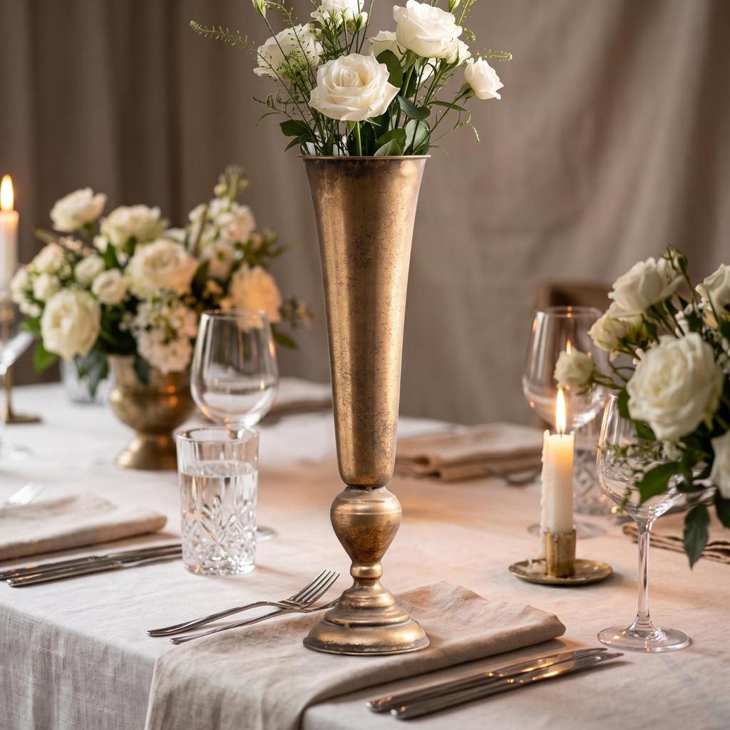 Metal Flower Vase with Pedestal Base Elegant Handles Stable