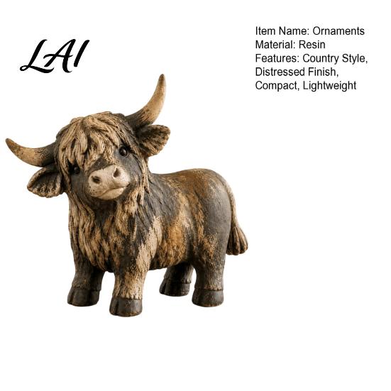 Handmade Highland Cow Gift Farmhouse Figurine Resin Scottish Bull Statue Rustic Hand Carved Crafts Tabletop Ornament Country Style Shelf