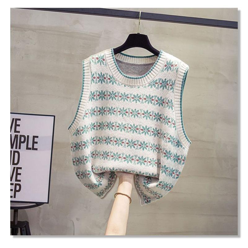 Round Neck Knitted Vest for Women 2025 Spring and Autumn New Stitching Fashion Print Versatile Casual Loose Sleeveless Sweater