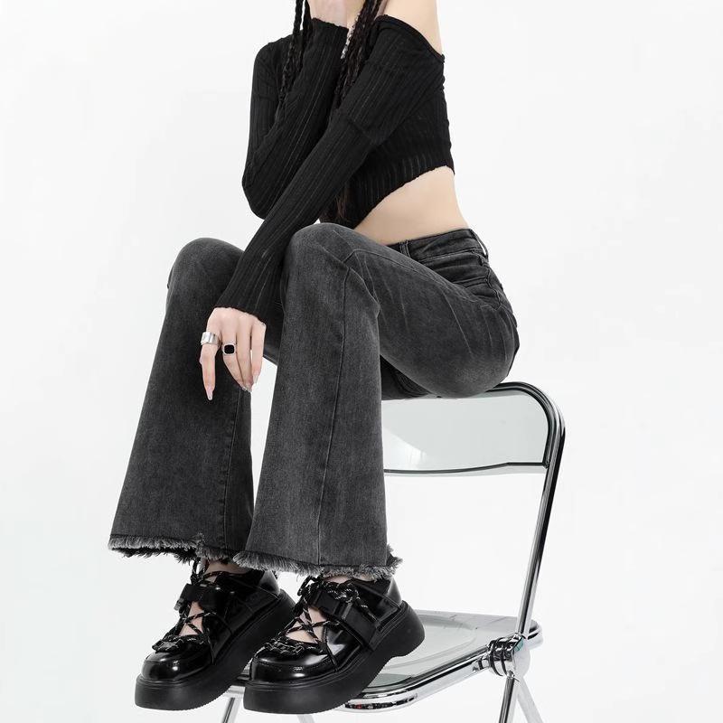 

Women s Gray High-Waist Micro-Flare Jeans with Elastic Slim Fit and Raw Edge L