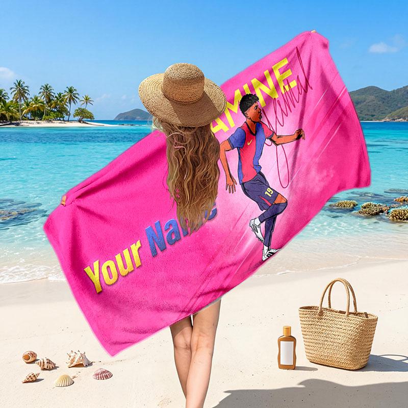 Asciugamano da Spiaggia Personalizzato Lamine Yamal, Stampa Testo Nome Personalizzato, Asciugamano Morbido ad Asciugatura Rapida con Logo Calcio, Regalo per le Vacanze