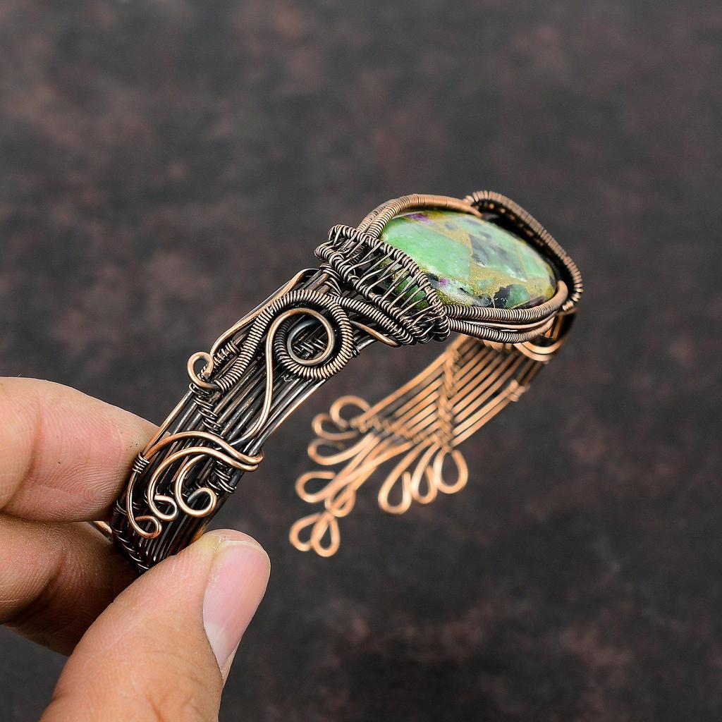 Copper Ruby Zoisite Cuff Bracelet Copper Wire Wrapped Bangle Adjustable Cuff Handmade Jewelry Gemstone Stylish Bangle Wire Wrap Jewelry Gift