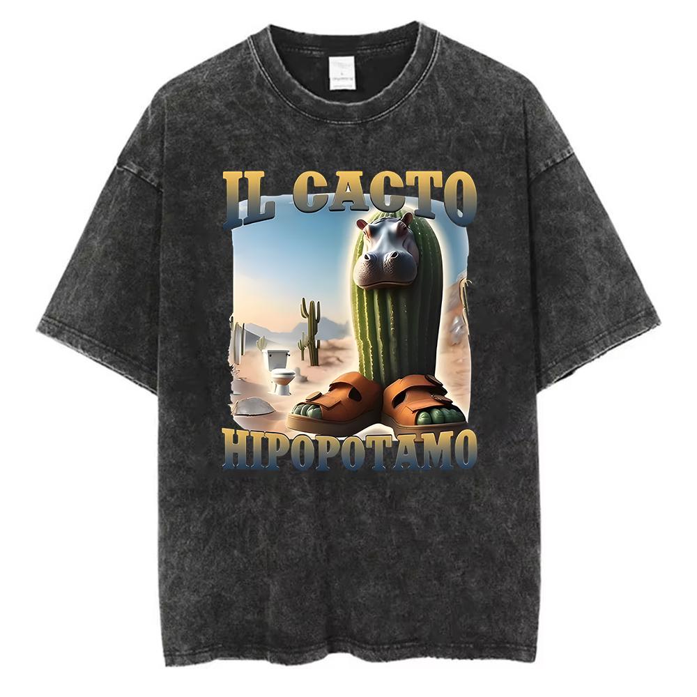 Italian Brainrot TShirt Washed Cotton Funny Meme Graphic Tee Surreal Weird Art Retro Acid Wash Short Sleeve Harajuku Streetwear