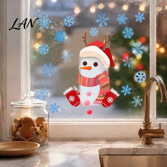 Seasonal Home Decoration Christmas Window Clings, Cartoon Antlers Snowman Wall Stickers, Waterproof PVC Static Cling Decorations Decorative Decals for