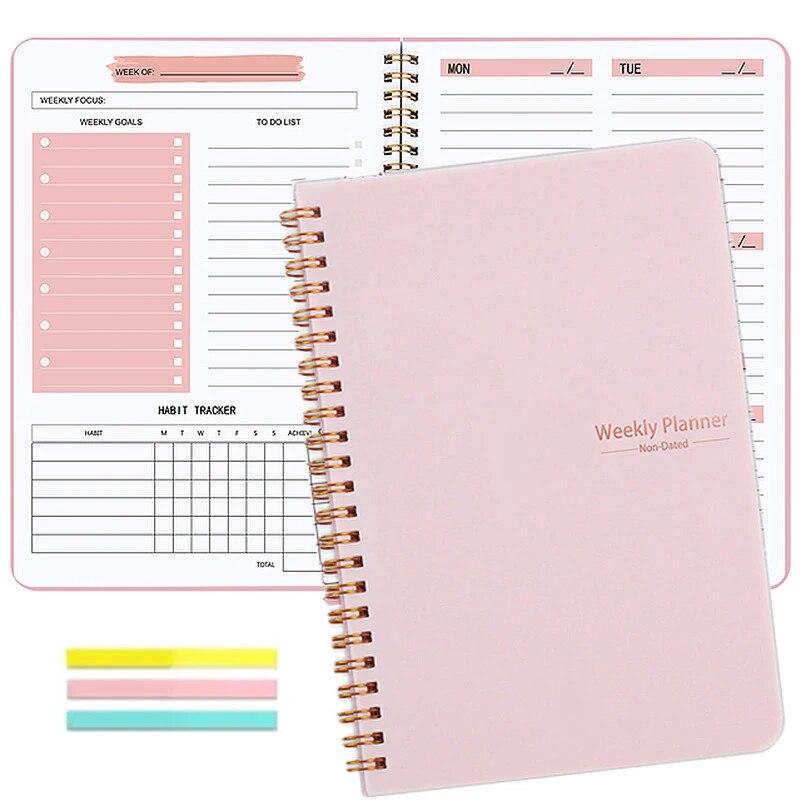 Undated Weekly Planner A5 Weekly Goals Spiral Binding Notebook Planner Agenda Record Daily Plans To Achieve Future Goals розовый