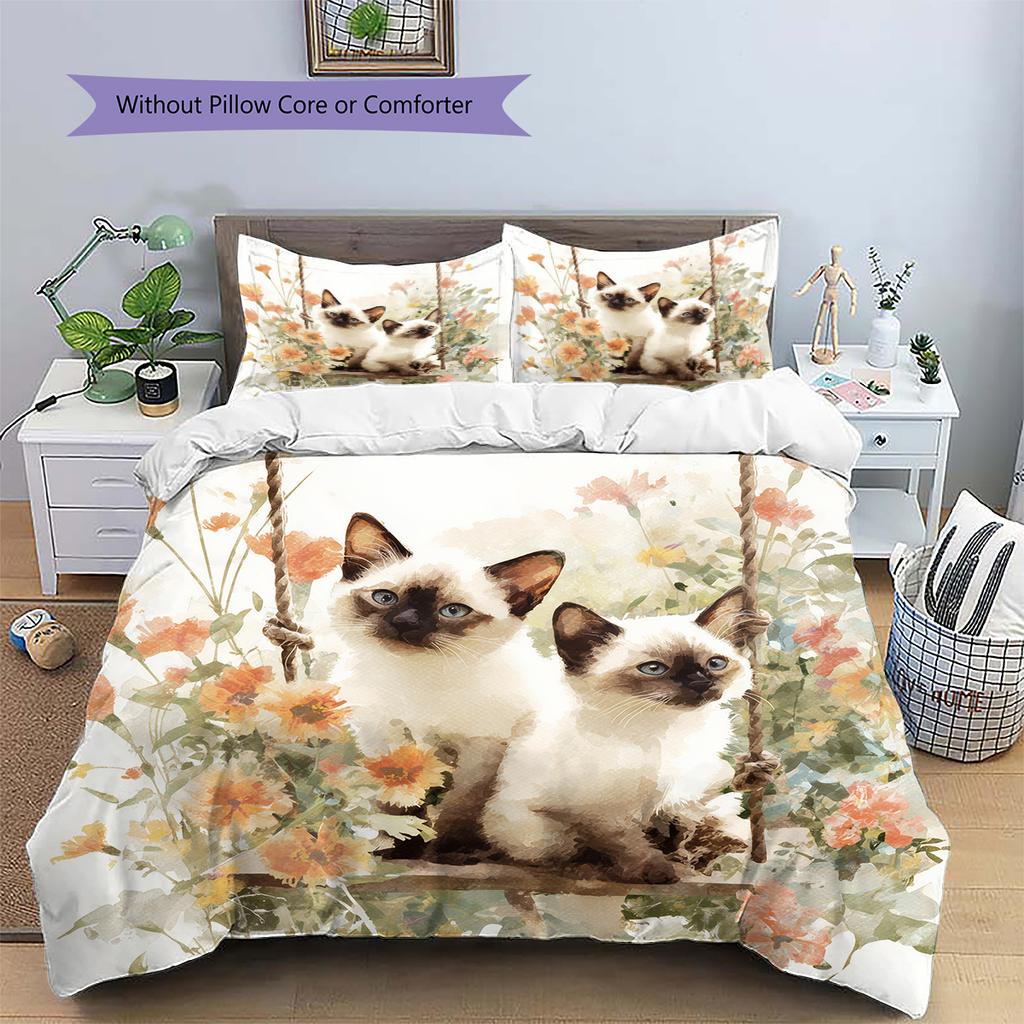 Siamese Cat and Plants Pattern Bedding Home Decoration Birthday Gift (1 * Duvet Cover + 2 * Pillowcase, Without Core)