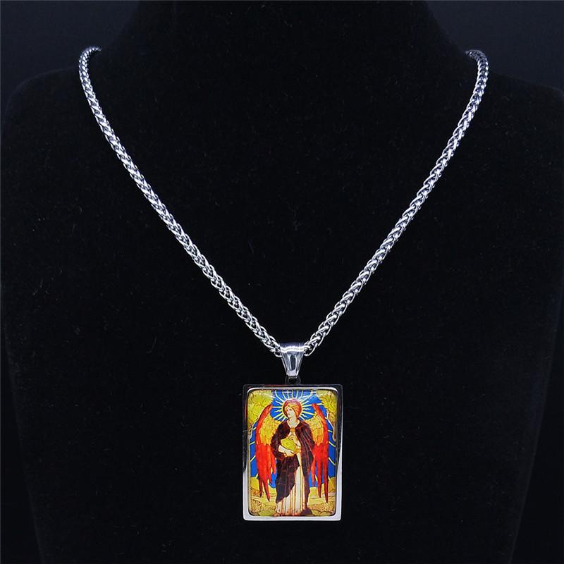 Archangel Saint Uriel Judaism Glass Stainless Steel Chain Necklace Silver Color Geometry Pendant Jewelry collier chaine NXS02