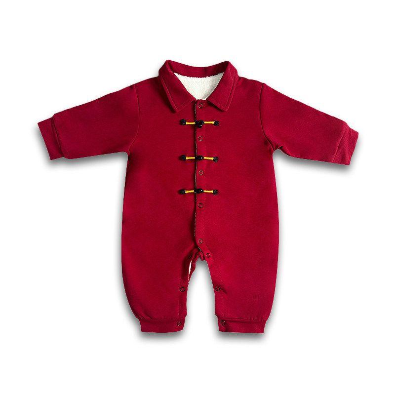 New Chinese Style One-Piece Romper New Arrival Retro Fall and Winter Fleece-lined Wine Red National Style Long Sleeves Western Style Festive Romper Red Fleece Lined 66