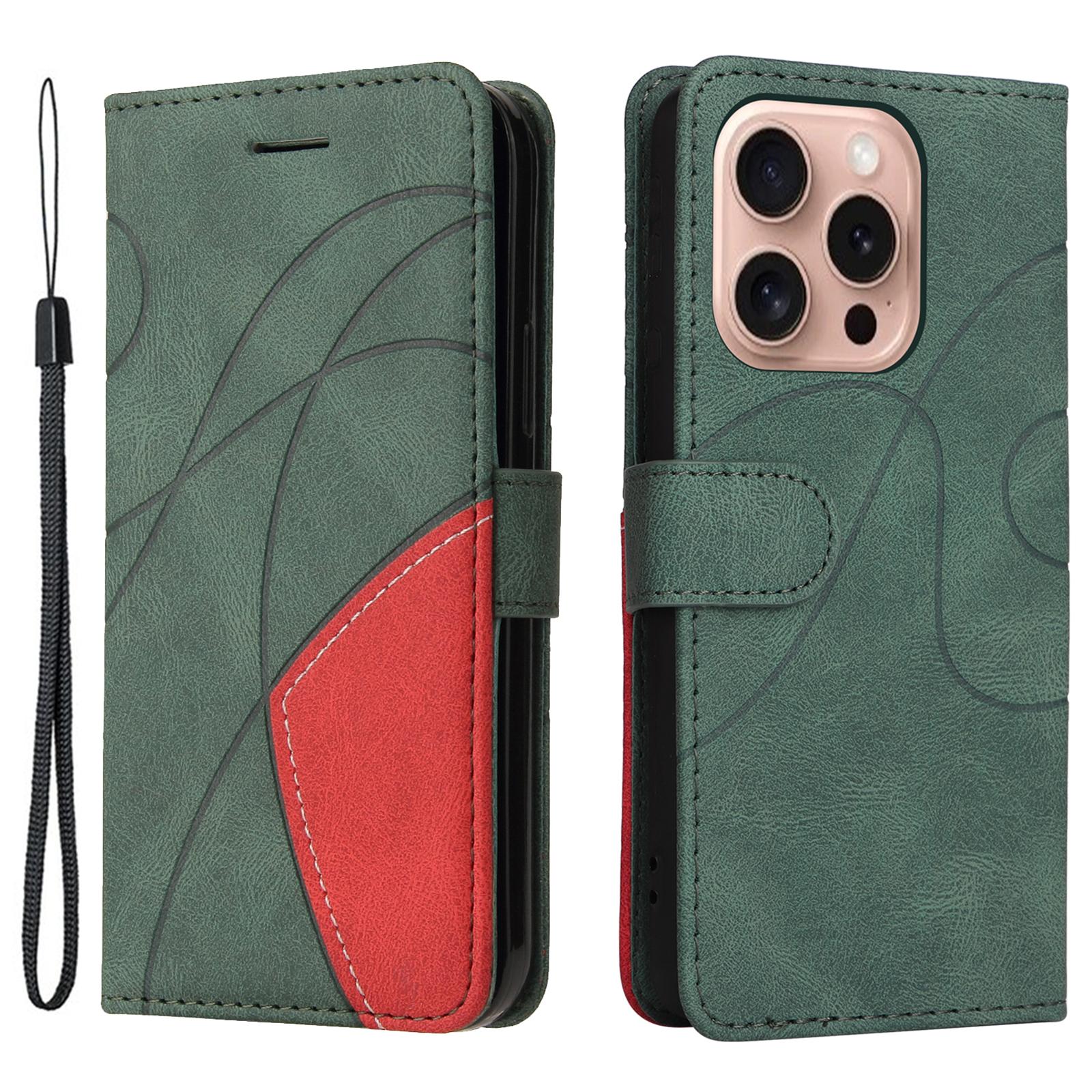 

For iPhone 16 Pro Leather Case Wallet Stand Color Splicing Phone Cover Green