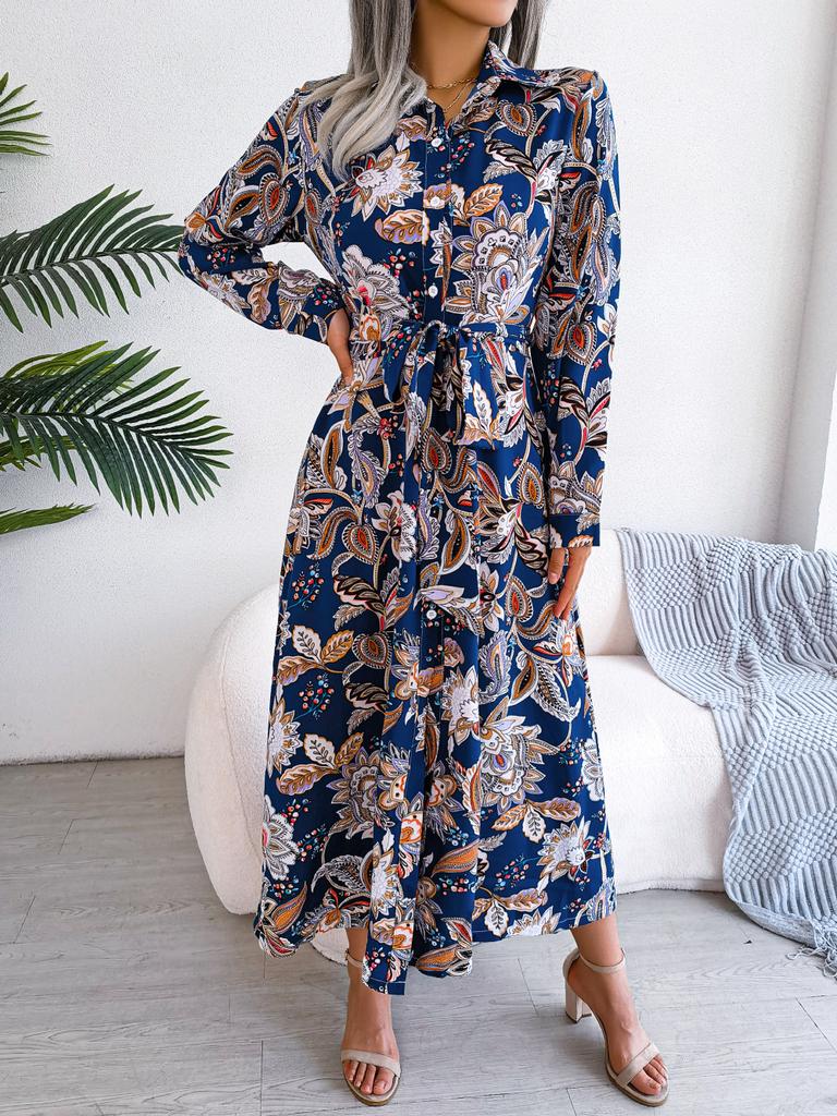 Women Retro European Style Floral Lapel Tie Waist Long Shirt Dress