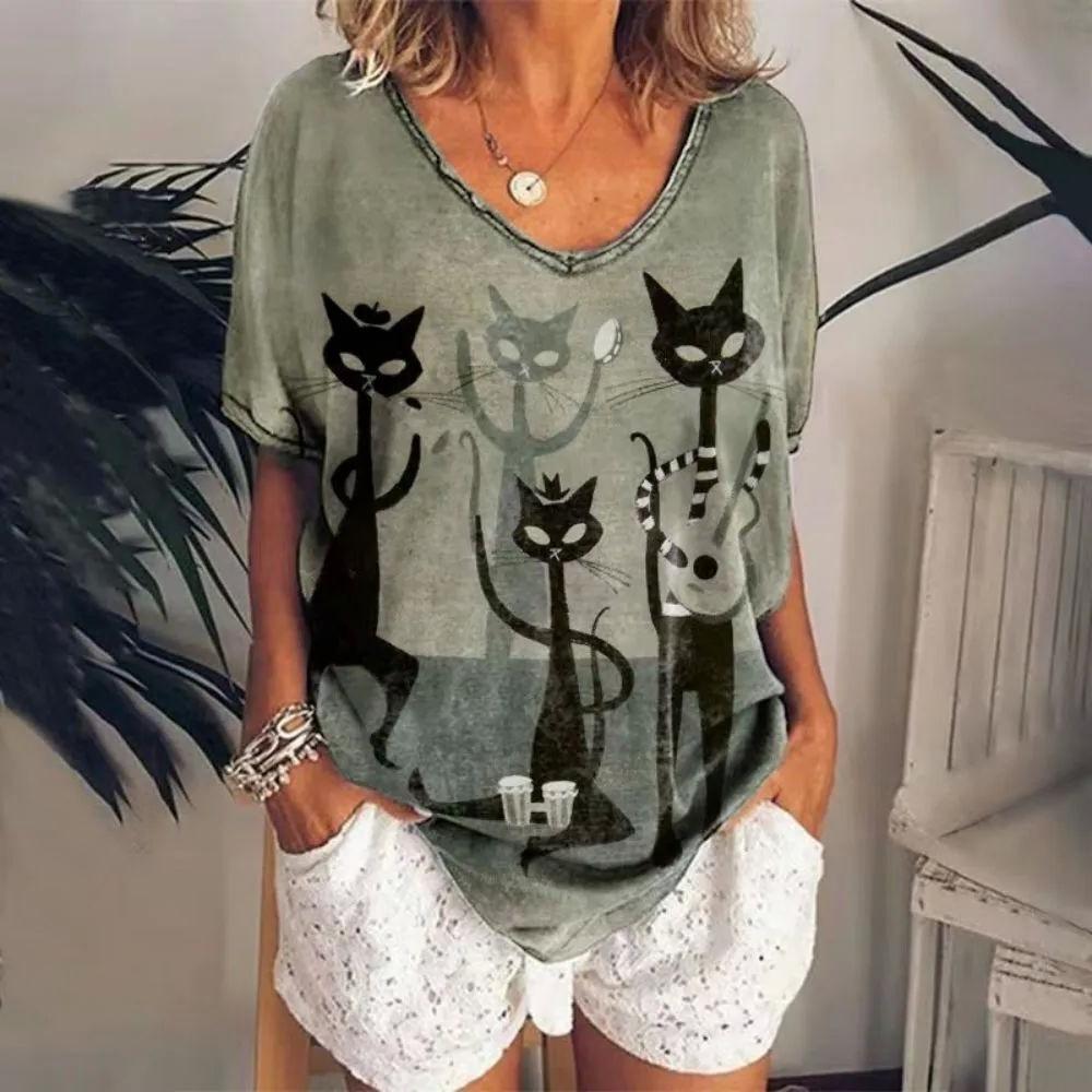 Summer V-neck 3D Cat Printed Top Fashionable Casual Short Sleeved Women's T-shirts
