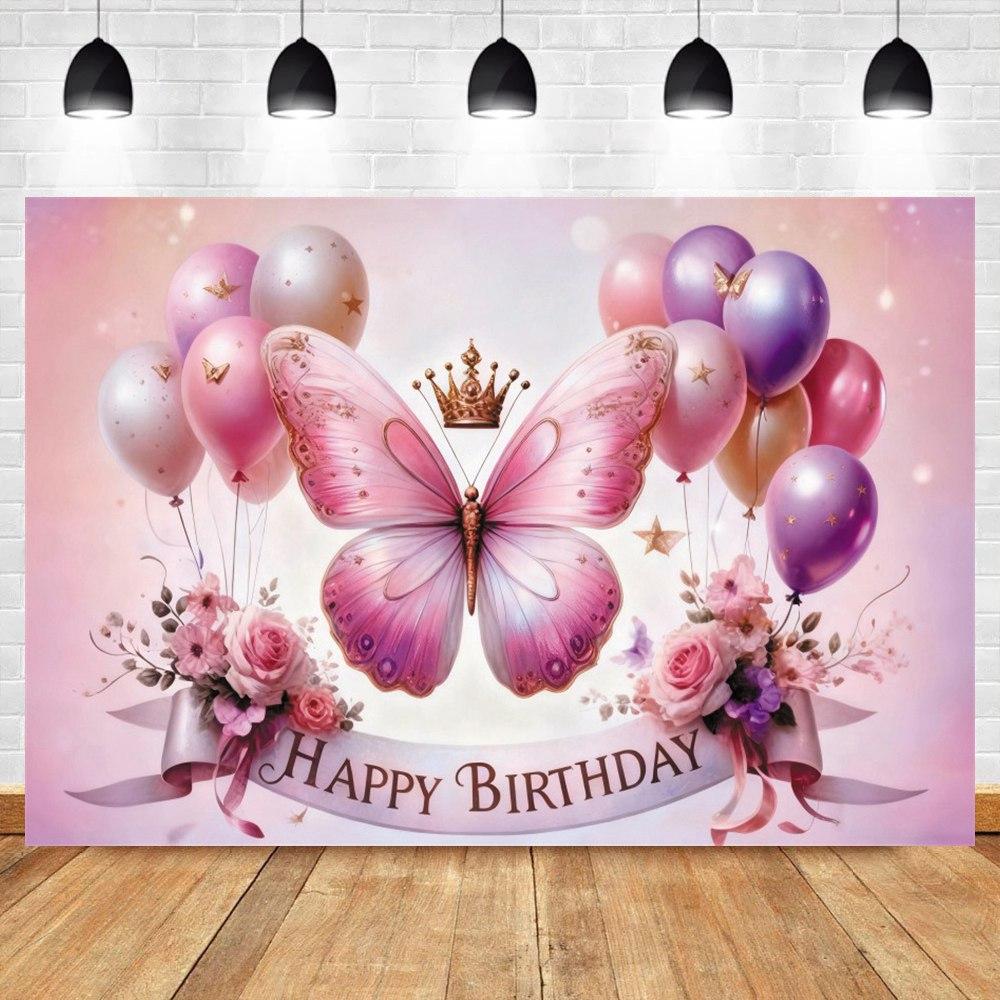 Frühlings-Blumen-Ballon-Schmetterlings-Dekor Happy Birthday Fotografie-Hintergrund Babyparty Kindergeburtstagsparty Individuelle Namens-Hintergrundwand