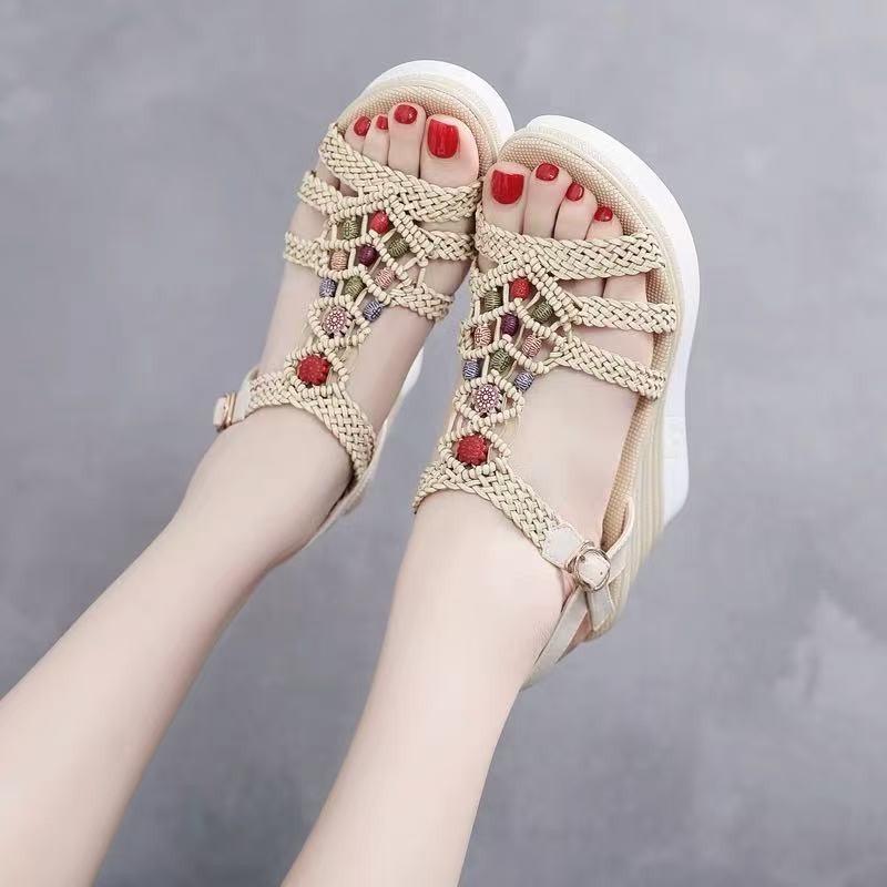 2025 Women's Wedges  Fashion Summer Shoes For  Bohemian Style Platform Sandals Genuine Leather