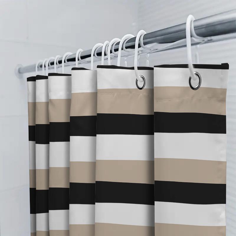 Striped Shower Curtain Modern Design with Black, White, and Beige Colors for Bathroom Decor Waterproof Fabric Shampoo Soap Dispe