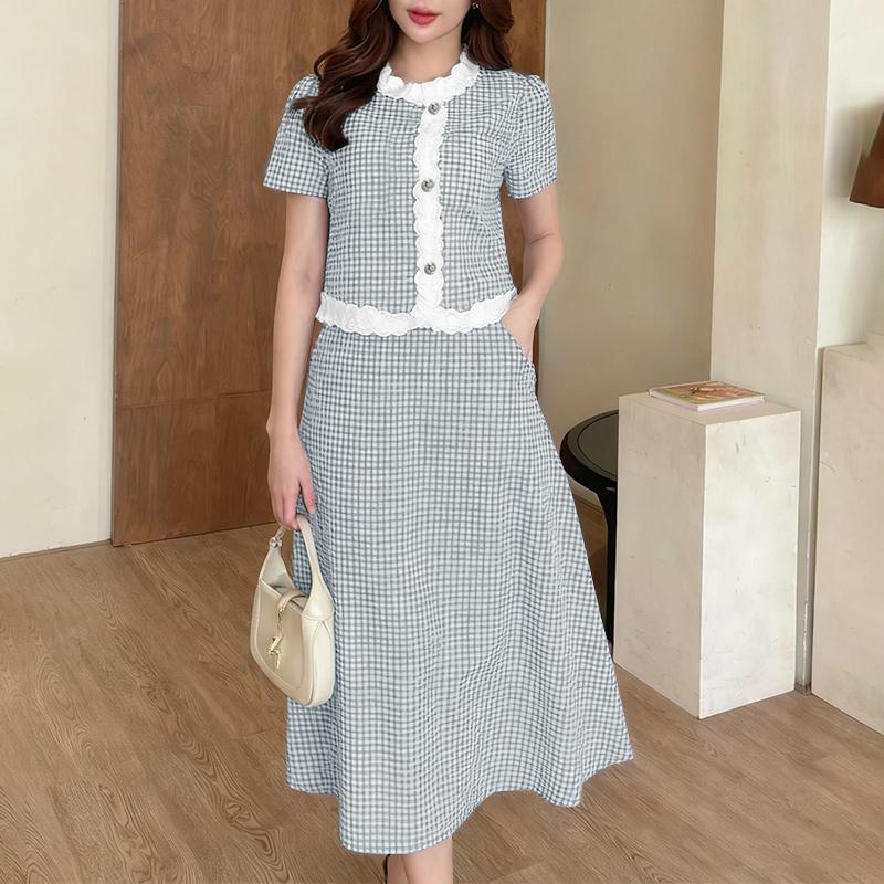 ZANZEA Women Short Sleeve Blouse and Long Skirts Plaid Print Two Piece Suit Sets