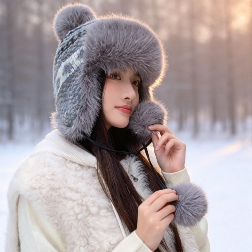 Pom Poms Knitted Trapper Hat 55-58cm Head Circumference Winter Hat Ushanka Hat Outdoor Activities