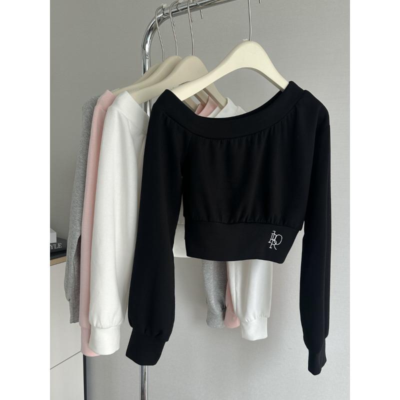 

Real shot diagonal neck off-the-shoulder sweater women s autumn thin loose short small long-sleeved top 2XL чорний