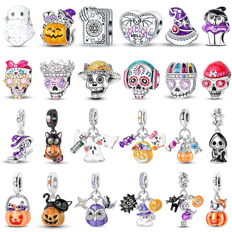 Halloween Charms Bead Copper Luminous Pumpkin Ghost Dangle Fit Bangle Bracelet Necklace Diy Jewelry