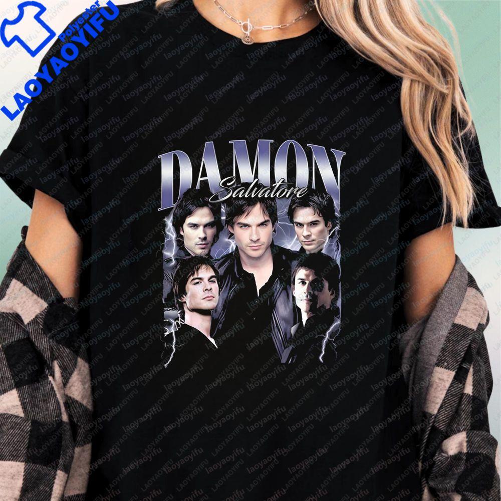 Damon Salvatore Retro Replica Style Unisex Streetwear ShortSleeved TShirt for Both Unisex and WoUnisex with Round Neck