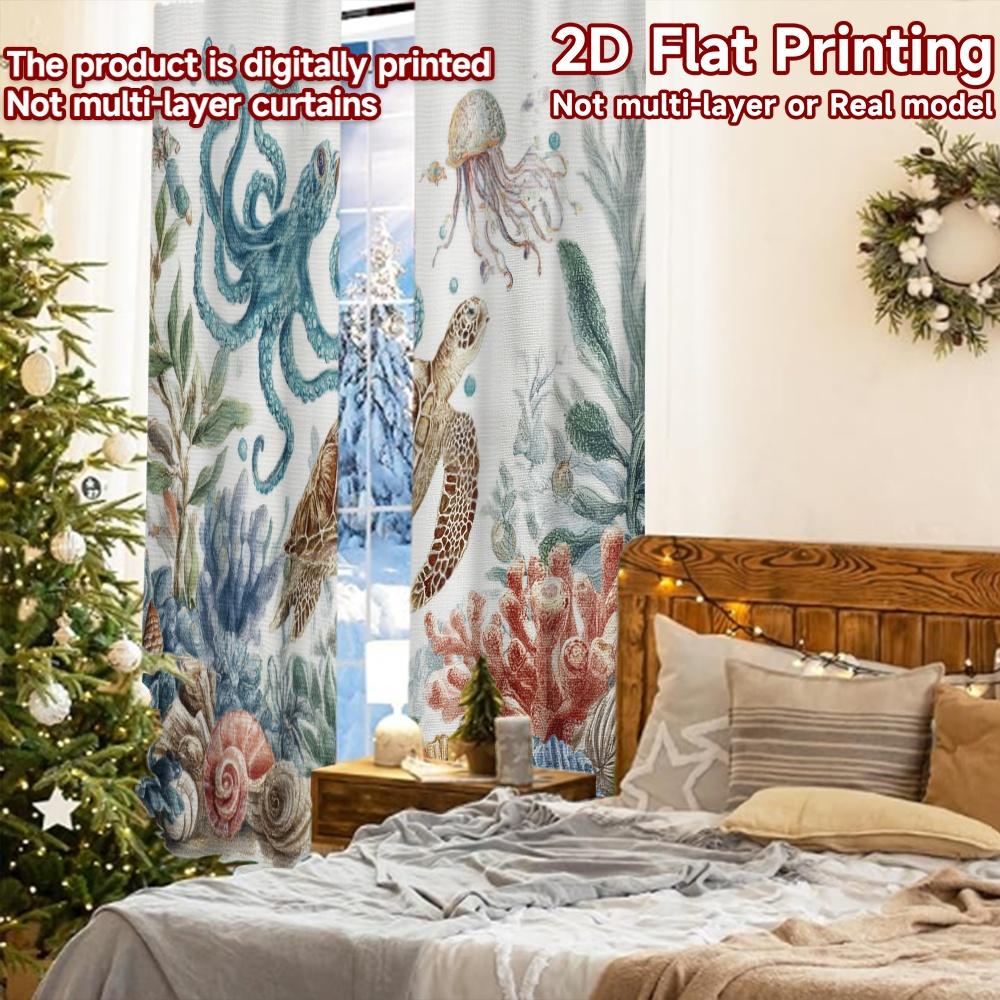 2pcs, 2D FLAT PRINTING Curtains (Without Rod) Ocean Harmony(1) Christmas Holiday Curtains with Digital Printing Yarn Curtains