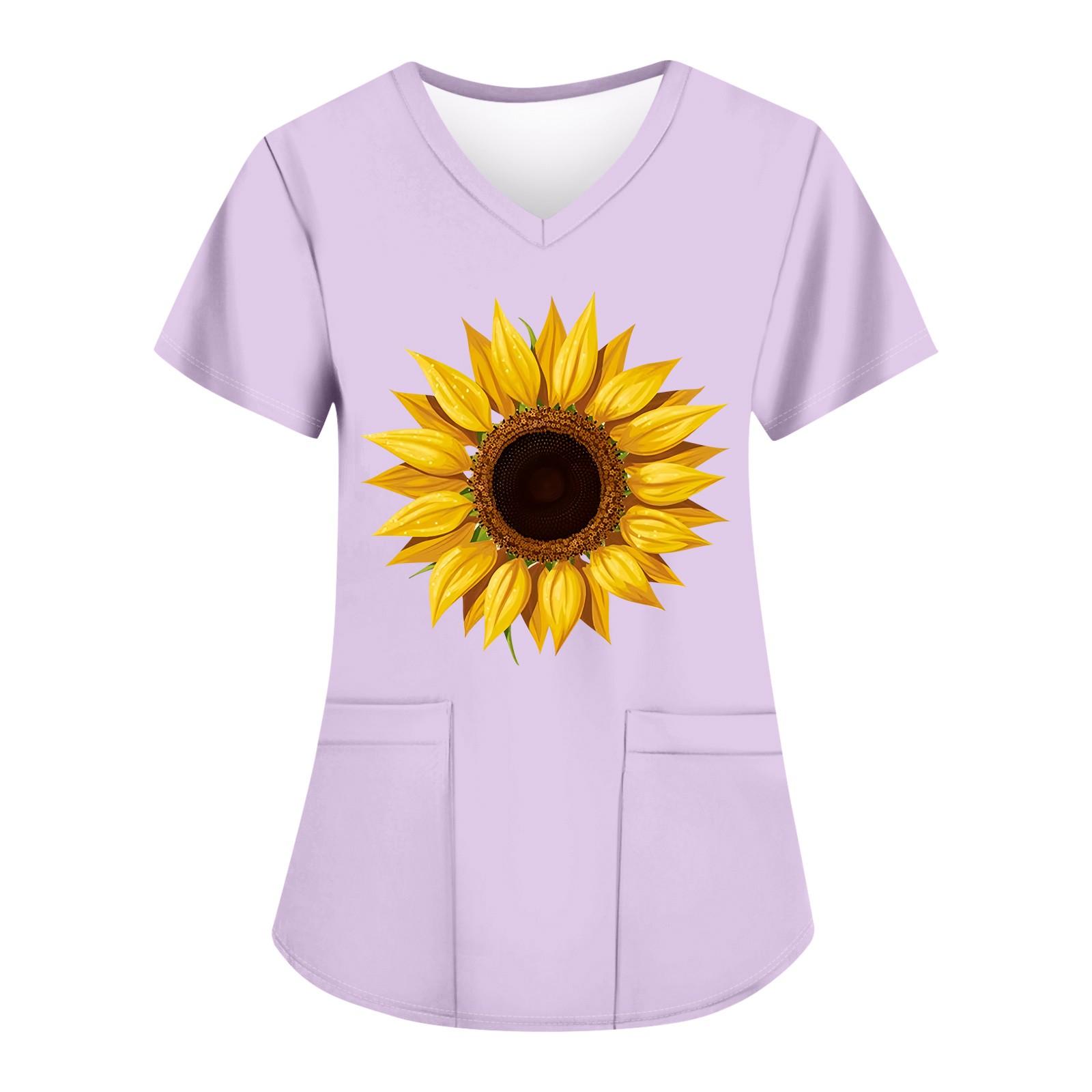 

Жіночі модні робочі футболки з принтом і V-подібним вирізом з короткими рукавами та кишенями XXXL фіолетовий