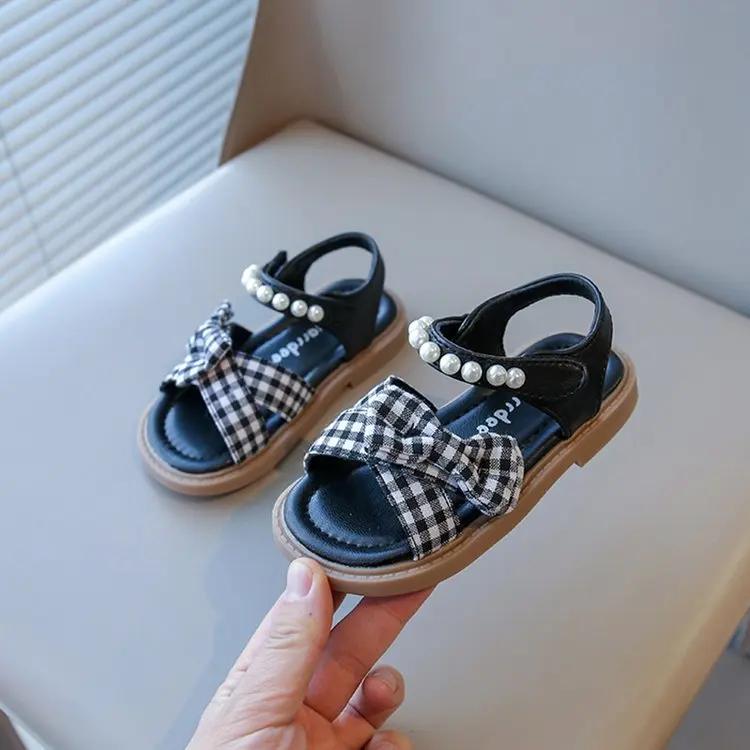 

Девочки Жемчуг Пляжная Обувь с Бантом Клетчатая Мода Принцесса Детские Летние Сандалии Открытый Носок Противоскользящие Бусины Милые 21 чёрный