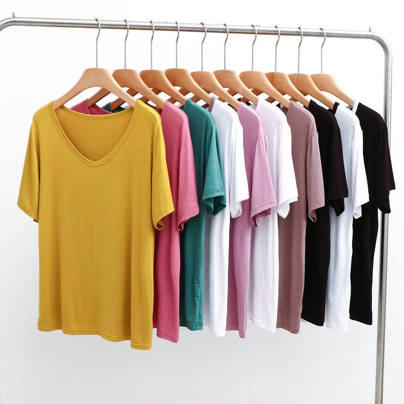 Modal V-Neck Tshirt Summer Women's Thin T-shirts Half Sleeves Solid Color Plus Size Loose Casual Tee Tops