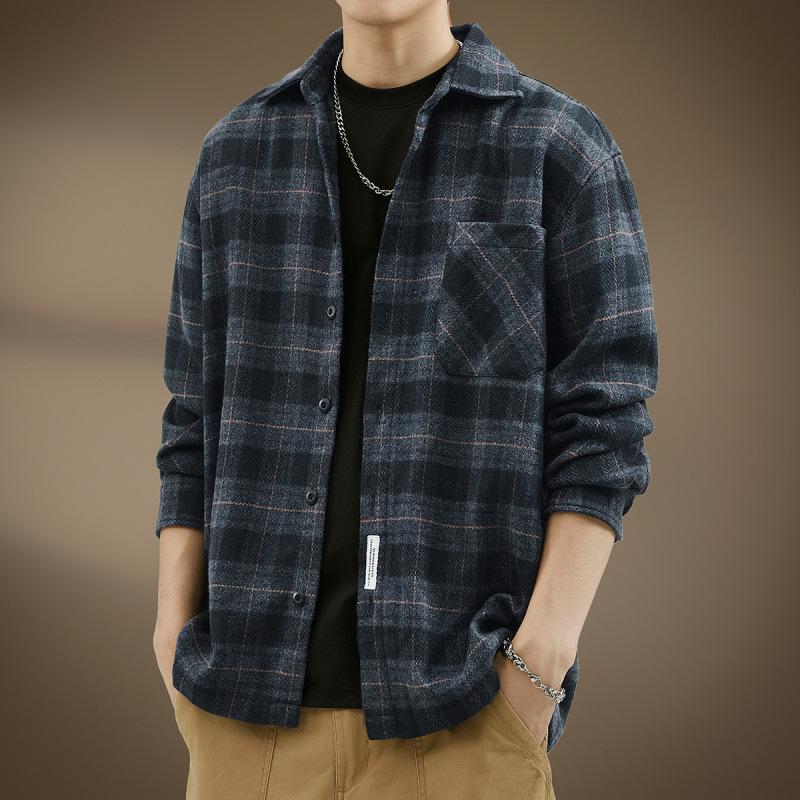 Men High End Japanese Style Vintage Brushed Plaid Long Sleeve Shirt Spring Autumn New Style Casual Loose Workwear Shirt Coat