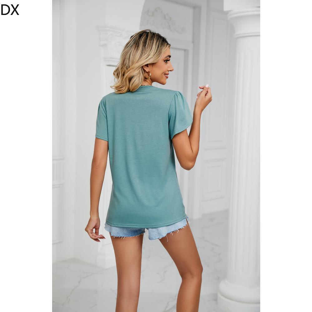 DX весна/лето новая однотонная футболка с короткими рукавами и золотым кружевом — фото 11