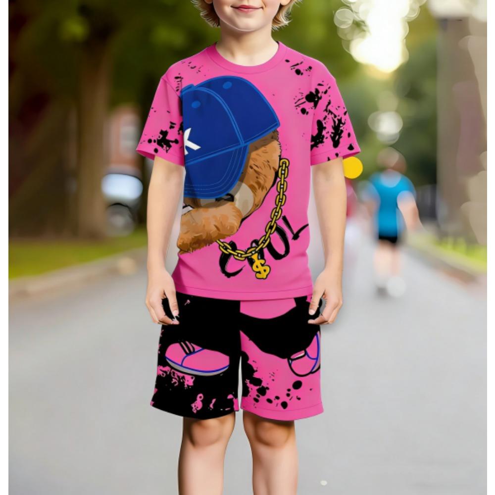 Europe and America Hip Hop Bear Men's Set Summer Men's T-shirt and Shorts 2 Piece Set Outdoor Casual Men's and Women's Outfit