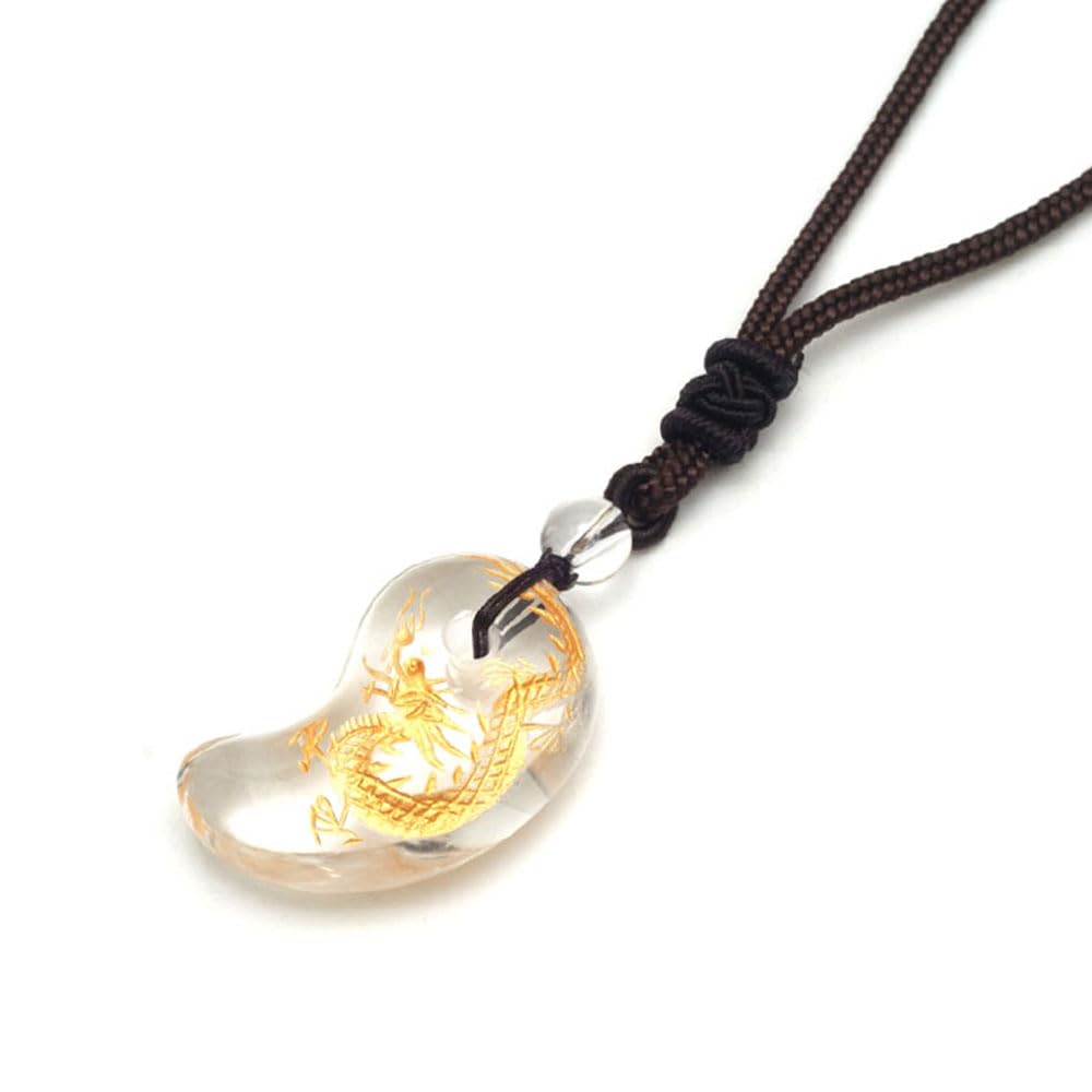 Crystal Necklace with Dragon God Design, Magatama, Gold Engraving, Power Stone, Amulet, 30mm