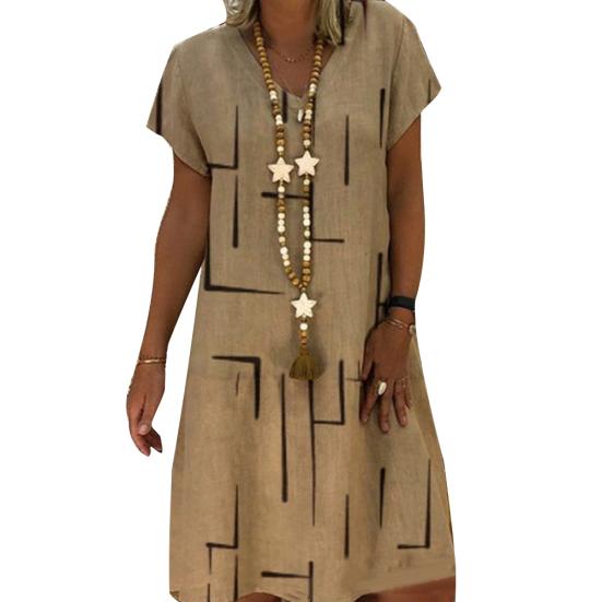 Robe Vintage pour Femme, Couleur Unie, Col en V, Manches Courtes, Imprimée, Coupe Ample, Longueur Genou