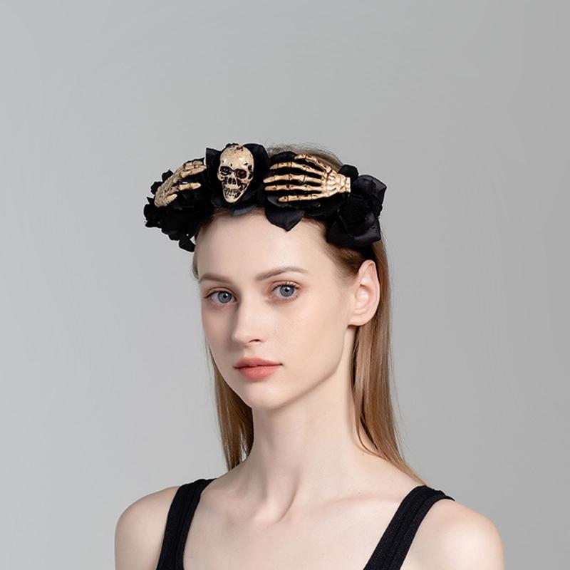 Skull Headband Halloween Tiaras And Crowns Halo Flower Headband Day of The Dead Headband Rose Flower Crown Hairband