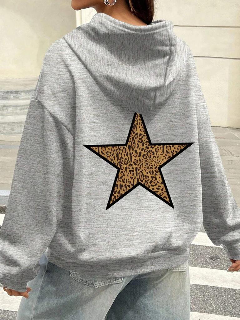 Casual Woman Hoodie Leopard Pentagram Pattern Fun Print Pullover Loose Long Sleeve Pocket Warm Sweatshirt Autumn Female Clothing