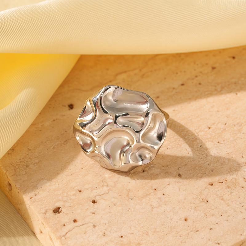 

Stainless Steel Round Irregular Adjustable Rings for Women Exaggerated Metal Wrinkled Flower Geometric Layered Ring Zircon