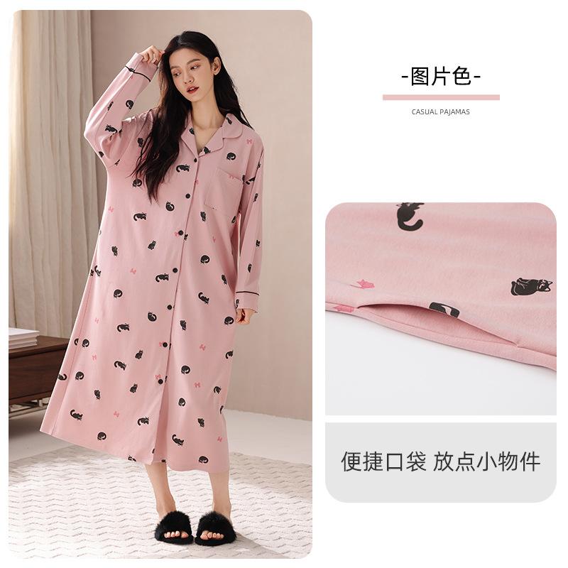 Pajama Women Spring And Autumn Cotton Long-Sleeved Pajama Skirt Sweet Cartoon Loose Large Size Can Be Worn Outside Loungewear