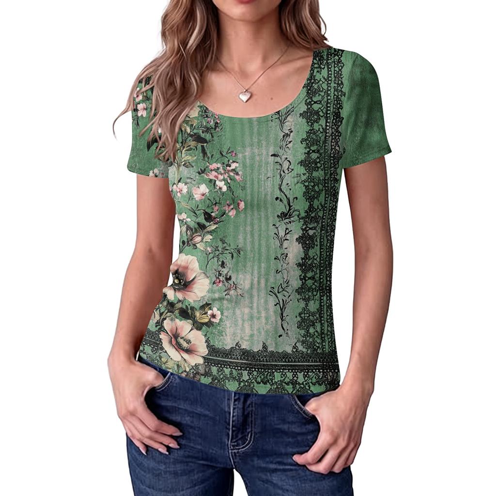 Women's Slim Fit Square Neck Short Sleeve Top Vintage Floral Print Stretchy Casual Blouse for Daily Wear
