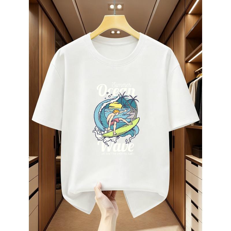 Men s Short Sleeve T-Shirt - Surf & Ocean Wave Print Round Neck Casual Summer Beachwear Surfing T-Shirt for Surf Lifestyle 2XL белый