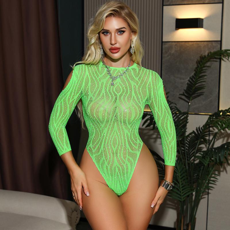 Women Sexy Bodysuit Hollow Ultra Thin Sheer Tights Shiny Diamond Transparent Bikini Long Sleeve Hip Wrap Skirt Jumpsuit