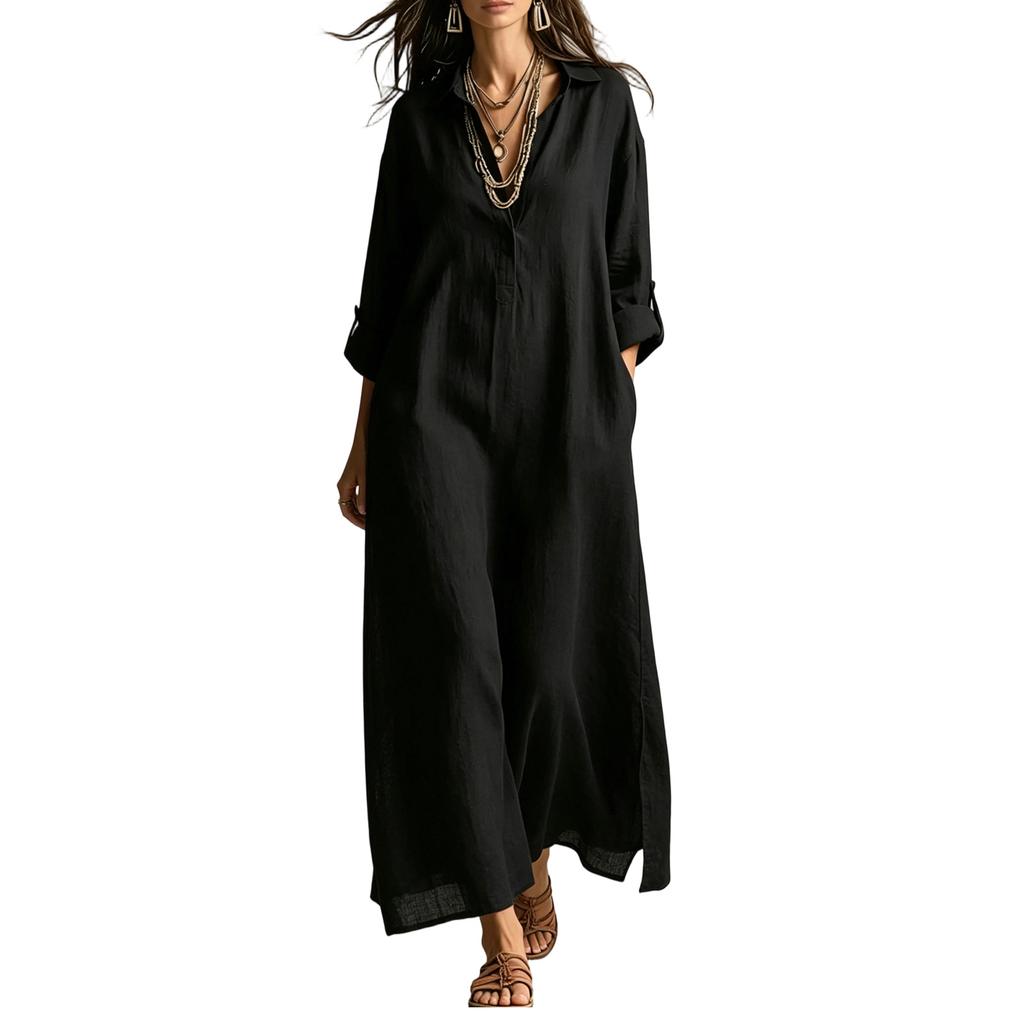 Women’s Long Sleeve Shirt Dress Linen Cotton Collared Maxi Dress Loose Fit Spring Summer Casual Style